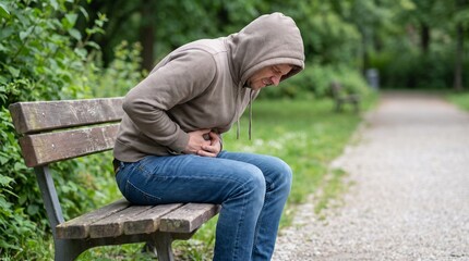 Obraz premium Young man in a hoodie sitting on a park bench, holding his stomach in pain and suffering from abdominal discomfort