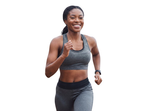 Smiling African American woman running active lifestyle workout in daylight