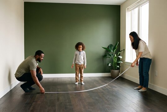 Parents measuring the wall of an empty flat with a tape measure