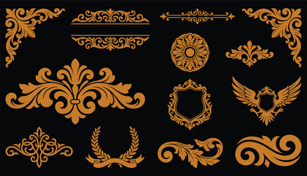 Set of vintage baroque ornamental elements and decorative flourishes