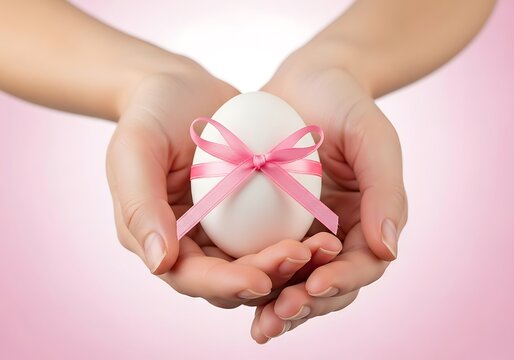 Cupped hands holding a white egg beautifully decorated with a charming pink ribbon, presented against a soft pink background, representing care, gifting, or fertility.