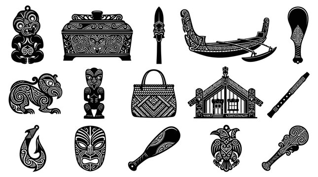 Maori Culture Traditional Symbols and Artifacts New Zealand Indigenous Art Black and White Stylized Vector Glyphs Set
