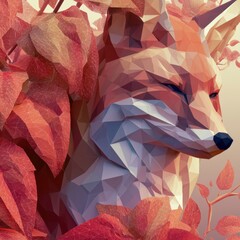 Fototapeta premium A fox made of geometric shapes rests among angular leaves in a setting with russet colors during daytime outdoors.
