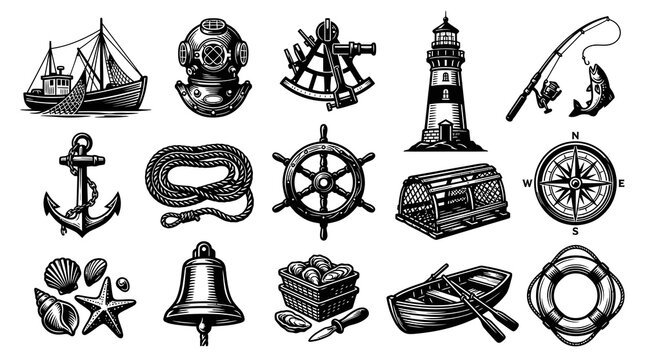 Nautical Icons Set: Vintage Ship, Compass, Anchor, Lighthouse, Fishing Rod  More in BW Line Art