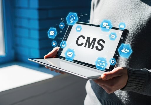 Content Management System CMS displayed on a tablet with digital icons.