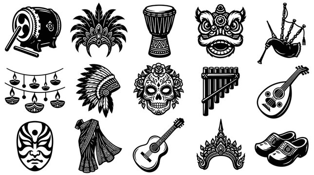 Black Line Art Vector Icons Set: World Culture, Traditional Musical Instruments, and Ethnic Symbols