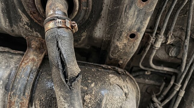 Damaged fuel hose with large crack. Broken rubber pipe on vehicle undercarriage. Old car part needs repair or replacement for safety