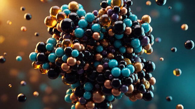Dense cluster of glossy atoms in teal, black, gold and copper with scattered floating orbs against warm-to-cool gradient bokeh background