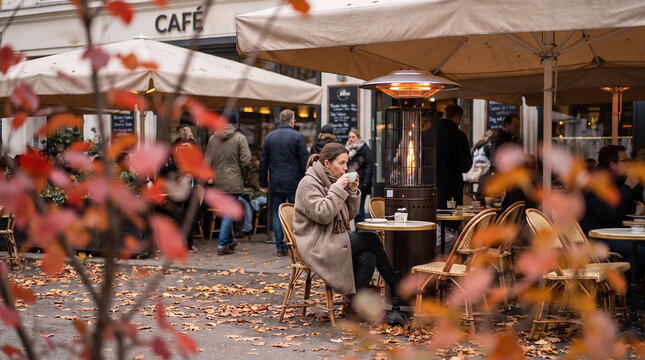 Woman enjoying coffee at a caf&eacute; with autumn leaves in the background  