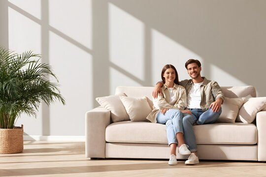 A beautiful smiling young couple hugging and relaxing together on a beige sofa in a modern minimalist interior
