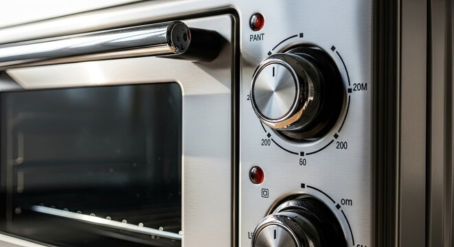 Close-up of a Modern Stainless Steel Toaster Oven with Control Knobs.