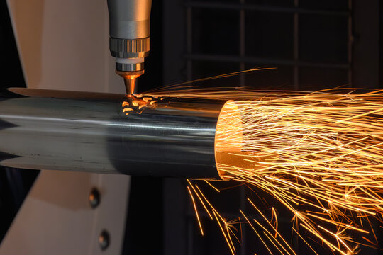 Close up of a fiber laser nozzle cutting a stainless steel tube with bright sparks