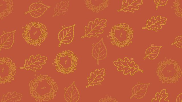 Autumn doodle pattern with oak leaves, birch leaves and berry wreaths. Seamless loop, gold line art on rust orange background.