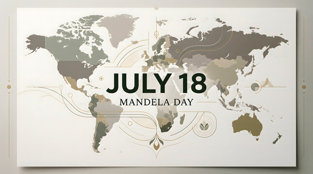 November 18 Mandela Day typography. Global solidarity concept. Vintage world map with decorative swirls and earth tones. Peace and unity holiday background.