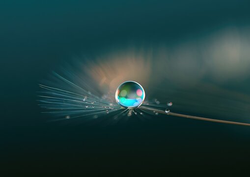Macro shot of a dewdrop on a dandelion seed reflecting light.