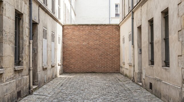 Dead End Concept, Narrow Cobbled Alley Between Buildings Ending at a Solid Brick Wall