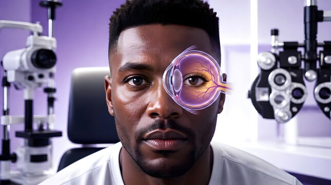 Eye exam, man and ophthalmology with medical technology for vision care, optometry and healthcare. African American patient, clinic and checkup in hospital with retina, cornea and healthy sight.
