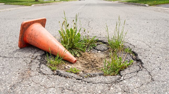 Deferred Maintenance Concept, Weeds Growing Inside A Long Unrepaired Road Pothole