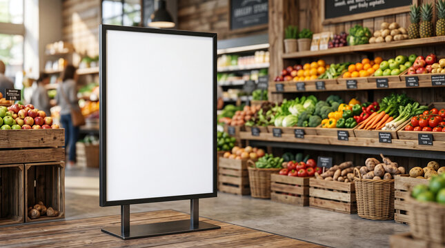 Blank sign board at indoor farmers market with fresh produce background