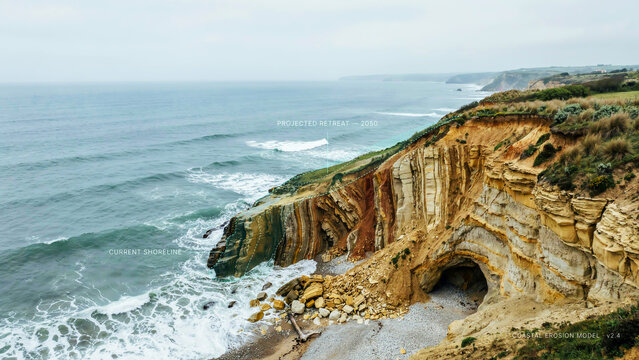 Coastal Erosion Model With Cave Showing Geological Layers And Retreat cliff ocean