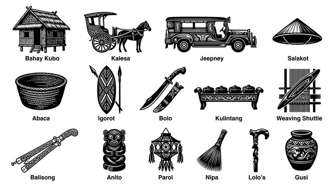 Traditional Philippine Culture Icons Vector Set in Black and White Line Art Style