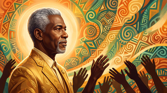 Senior man in golden suit, African cultural mandala background, spiritual unity concept art, vintage decorative illustration, community gathering