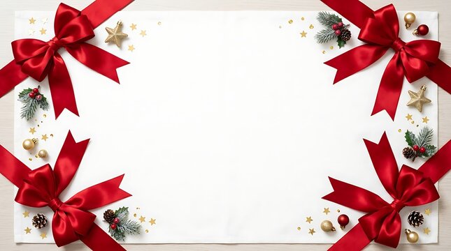 Christmas border made of red bows and ornaments
