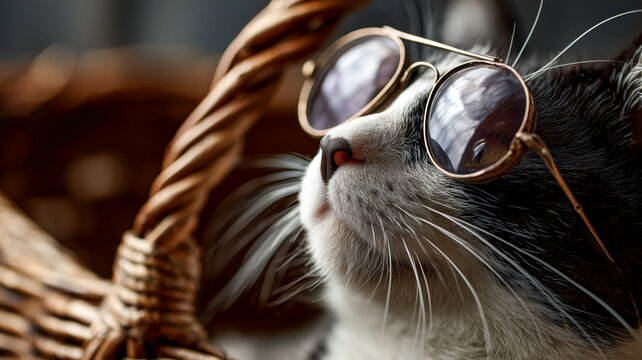 Cool Cat in Basket with Aviator Sunglasses