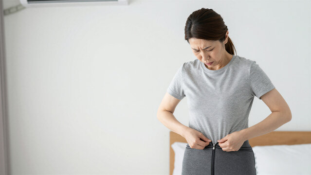 Frustrated Japanese Middle Aged Woman Unable to Zip Up Tight Skirt After Weight Gain, Diet Concept, Copy Space on the left