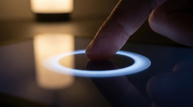 Index Finger Touching Touchscreen Creating Luminous Concentric Light Waves