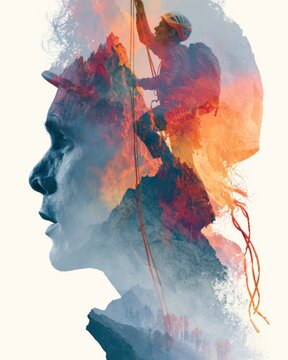 A male silhouette reveals a mountain climber making progress while facing inner conflict amidst an alpine landscape filled with vibrant colors.
