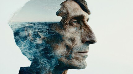 Obraz premium A mans profile blends with an ocean horizon at eye level showing a connection to water while exploring ideas and feelings in the mind