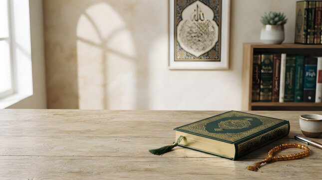 Quran on wooden table in serene home interior with sunlight