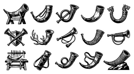 Obraz premium Viking and Hunting Horns Vintage Engraving Set - Medieval Drinking and Battle Horns Monochrome Line Art