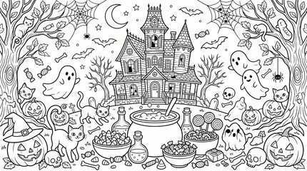 Naklejka premium Detailed hand drawn black and white illustration of a spooky haunted mansion surrounded by a magical forest
