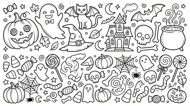 Seamless pattern of hand drawn halloween doodles featuring pumpkins ghosts skulls and spooky holiday elements for festive backgrounds