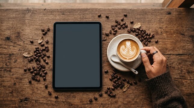 of a rustic wooden table featuring a black tablet computer with blank screen mockup, a cup of hot cappuccino coffee with latte art, scattered roasted coffee beans, and a male hand
