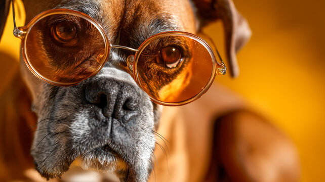 Boxer Dog Wearing Sunglasses, Intense Gaze, Yellow Background