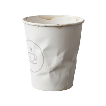 Crushed paper coffee cup with coffee stains in bright studio lighting on white background for waste and recycling themes.