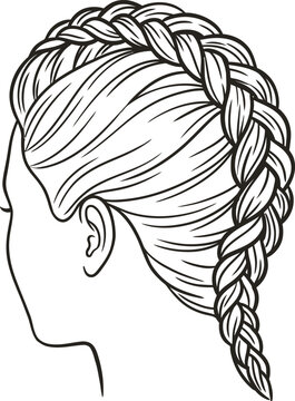 Braided hairstyle line art vector, French braid hair illustration, black and white beauty salon graphic, female head profile with elegant plait
