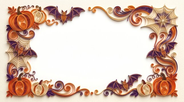 Intricate Paper Quilling Halloween Frame with Ornate Pumpkins Bats and Swirling Spider Webs Featuring Large Copy Space for Instagram Seasonal Content and Promotions