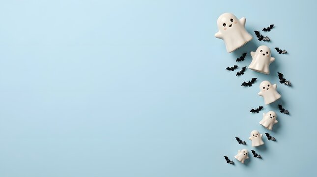 Halloween background photo with cute ceramic ghosts and bats arranged on a light blue pastel surface with copy space