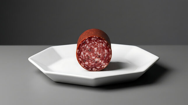 A single sliced salami sausage standing upright on a white hexagonal plate