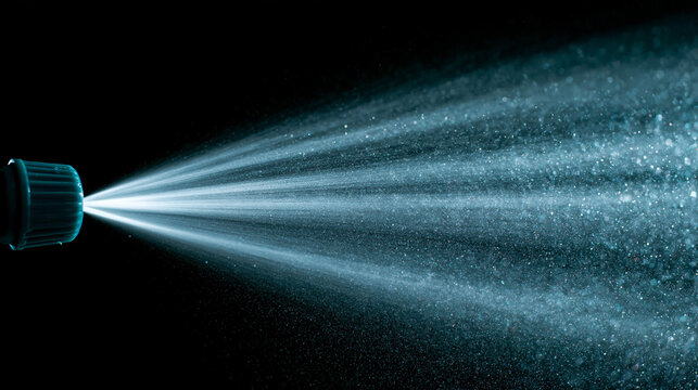 Water mist spray nozzle discharging fine water droplets against a black background