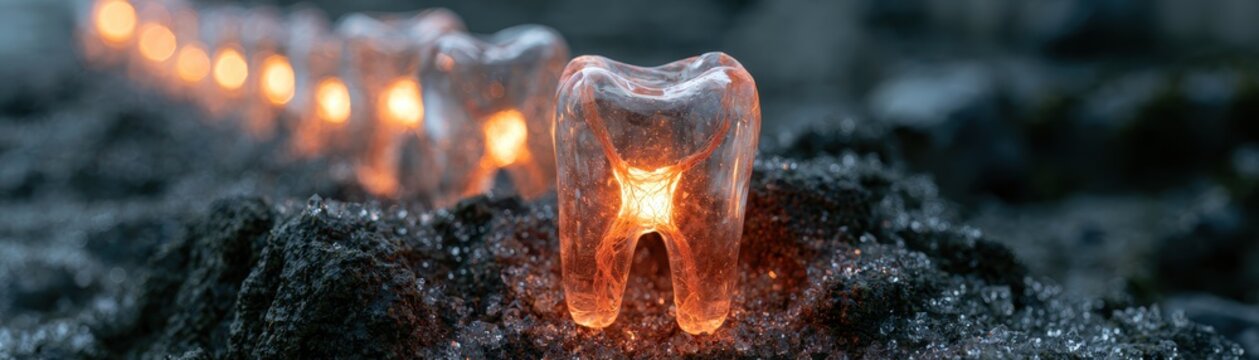 Glowing transparent teeth shapes aligned on dark textured ground in a row