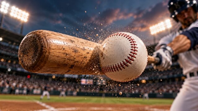 Close up of wooden baseball bat hitting ball with debris flying at dramatic stadium during night game.
