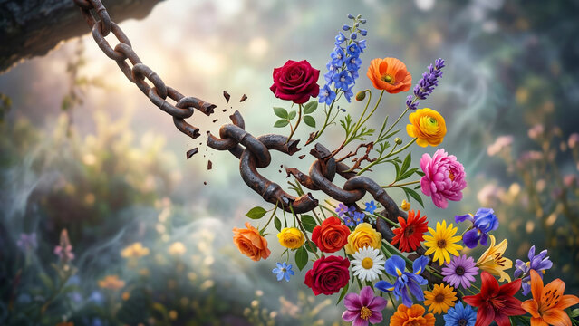 International Day for Tolerance. Flower explosion breaking chains in a vibrant nature background