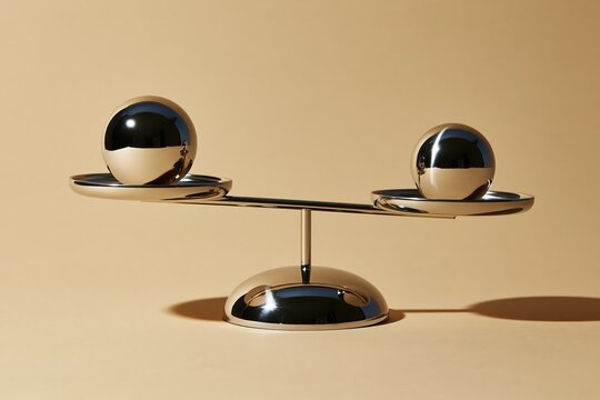 Polished balance scale with two metallic spheres on beige background