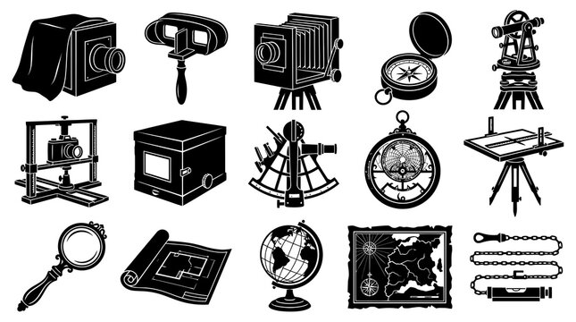 Vintage Scientific, Surveying  Photography Equipment Glyph Icons Set