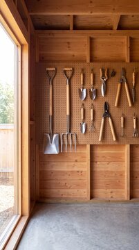 Interior of a wooden garden shed with tools hanging on a pegboard. Organized gardening equipment including shovel and trowels on a wooden wall. Vertical photo of a backyard storage building